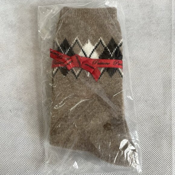 Passione Brown Argyle Socks Cashmere Wool Blend Red Ribbon One Size NWT - Picture 1 of 2